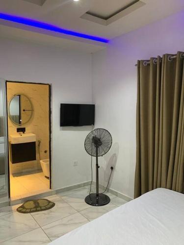 ラゴスにあるLoft and Luxe Apartmentのベッド、鏡、ファンが備わる客室です。