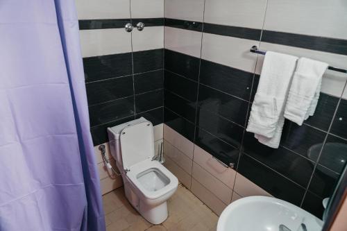 a bathroom with a toilet and a sink and towels at Bujtina ANLU in Gjirokastër