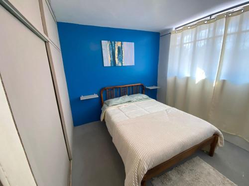 Un pequeño dormitorio con una pared azul y una cama en Casa Skema - Garden, en Quito
