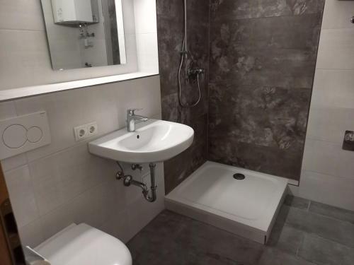 a bathroom with a sink and a toilet at Ferienwohnung Auszeit 511 in Bad Rodach