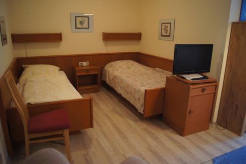 a hotel room with a bed and a television at Ferienwohnung Auszeit 511 in Bad Rodach