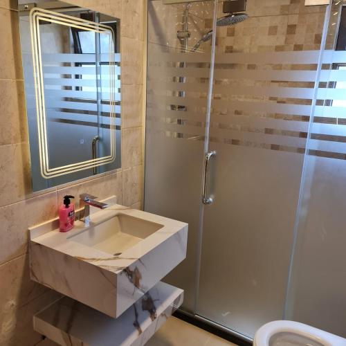 a bathroom with a sink and a shower at 24th Apartment in Amman