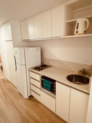 eine weiße Küche mit einer Spüle und einem Kühlschrank in der Unterkunft Luminoso Monoambiente en Villa Crespo in Buenos Aires