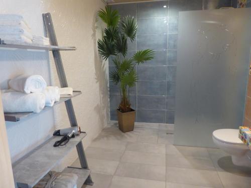 a bathroom with a shower and a toilet and a plant at Afrika in Eggesin