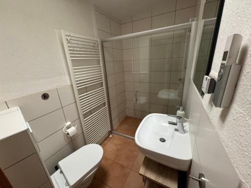 Baño pequeño con aseo y lavamanos en Apartment Sonne, en Stralsund