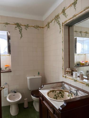 een badkamer met een wastafel, een toilet en een bad bij Quinta de São Lourenço in São Lourenço