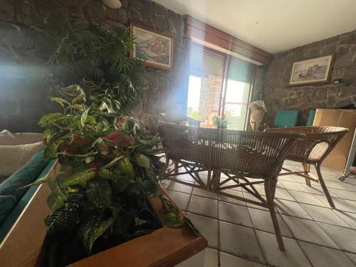 uma sala de estar com uma mesa e algumas plantas em Villa del sole em Magomadas