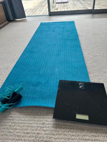 a laptop on the floor next to a blue carpet at Rest & Relax Units in Whangarei