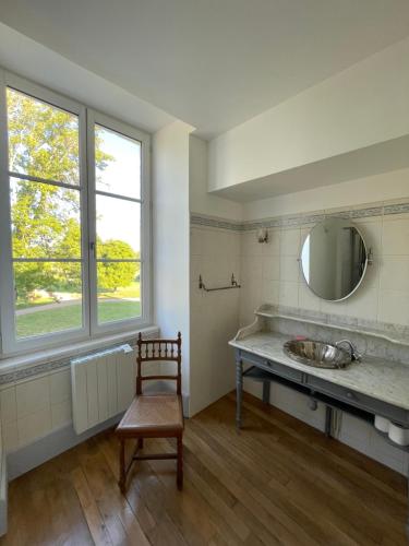 ein Badezimmer mit einem Waschbecken, einem Stuhl und einem Spiegel in der Unterkunft Domaine de Mont in Mont-et-Marré