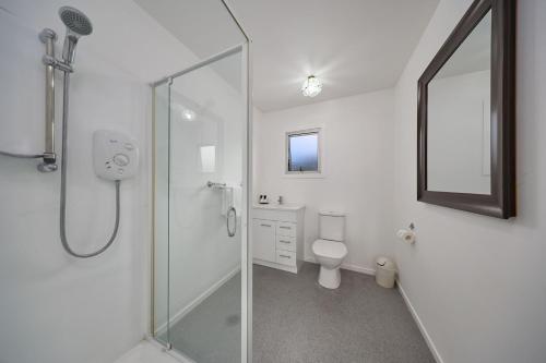 a bathroom with a shower and a toilet and a mirror at Sea View Motel - Unit 1 in Kaikoura