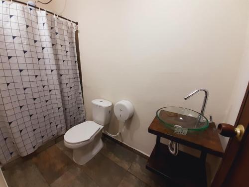 a bathroom with a toilet and a sink and a shower at Ayenda Mountain Hostels Manizales in Manizales