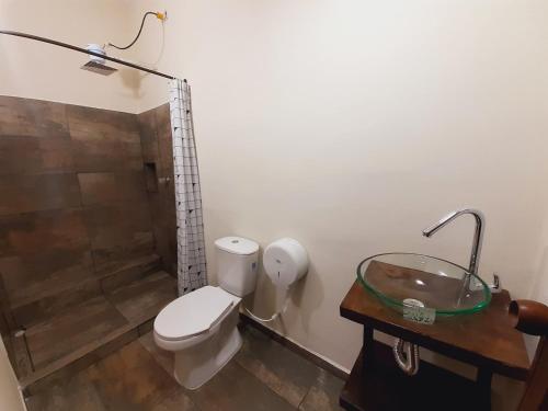 a bathroom with a toilet and a sink and a shower at Ayenda Mountain Hostels Manizales in Manizales