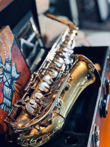 a close up of a saxophone at PRIVATE HOUSE and private HOT TUB Seas The Day Pets BBQ Beaches Artists Studio Lower Gibsons The Bay in Gibsons