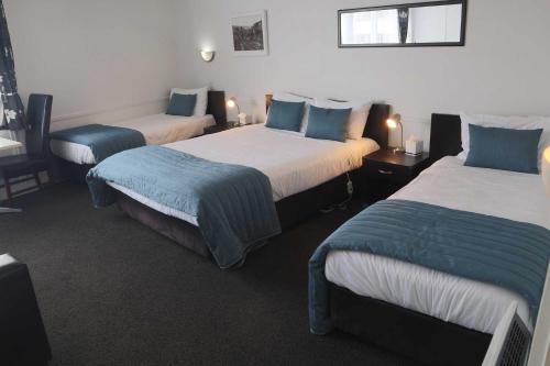 Pokój z 2 łóżkami i niebieskimi poduszkami w obiekcie Alexander Motel w mieście Taumarunui