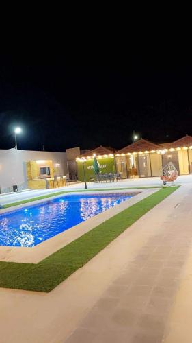 una piscina por la noche con luces en un edificio en شاليه نايا, en Kerak