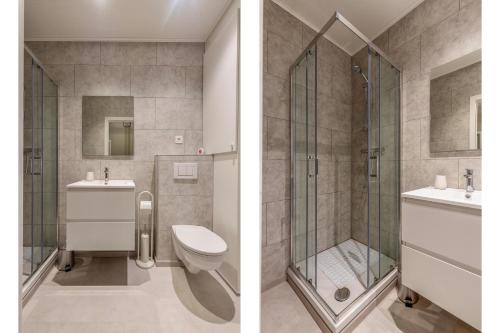 2 Bilder eines Badezimmers mit WC und Dusche in der Unterkunft Memlinc 201 1ev in Wenduine
