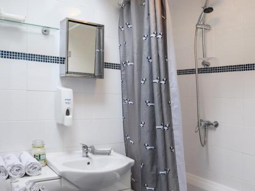 a bathroom with a shower curtain with a sink at Chapel Street Cottage in Amlwch