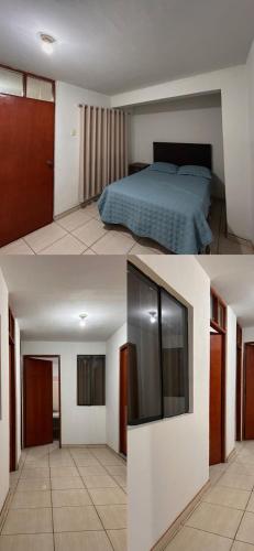two pictures of a bedroom with a bed and a tv at Vicencio in Ayacucho