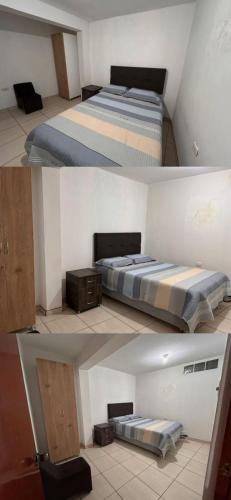 two pictures of a bed in a room at Vicencio in Ayacucho