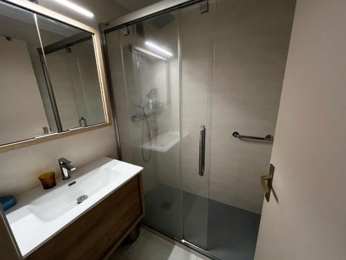 une salle de bain avec une douche en verre et un lavabo dans l'établissement Appartement coquet avec parking, 4 couchages - FR-1-784-4, à Gruissan