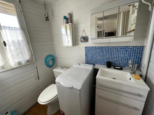 une petite salle de bain avec toilettes et lavabo dans l'établissement Chalet cosy 9 pers à 250m plage, terrasse, parking, proche commodités - FR-1-784-16, à Gruissan