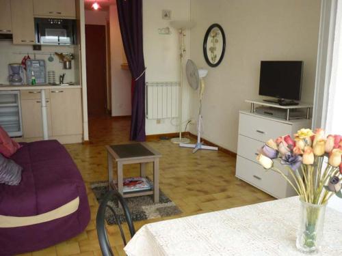 un salon avec un canapé et une table dans l'établissement Studio cosy avec loggia et parking privé - Proche port et commerces - FR-1-784-19, à Gruissan