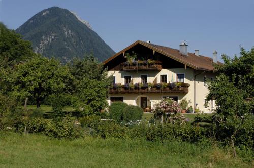 巴特萊辛哈爾的住宿－Ferienwohnungen im Alpengästehaus Marzoll - Bad Reichenhall，一座房子,阳台上种着鲜花