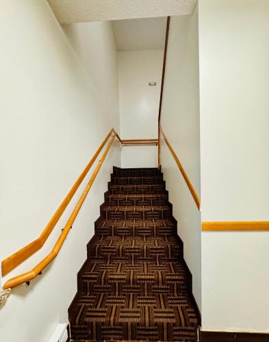 a staircase in a building with a brown carpet at Forest City Inn in Forest City