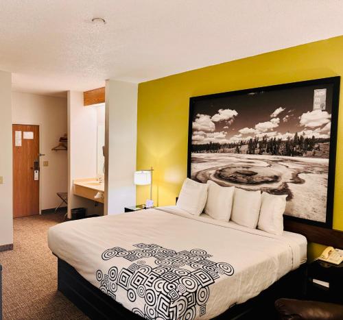 a hotel room with a bed and a painting on the wall at Forest City Inn in Forest City
