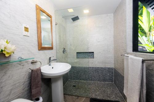 a bathroom with a sink and a shower at Tardis Rose Cottage w/rental vehicle access in Cap Estate