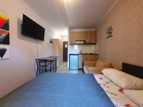 a small room with a bed and a kitchen at Mechka ski apartment in Bansko