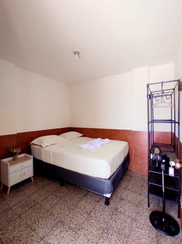 a bedroom with a bed and a shelf in it at Blue Moon Hostel in Antigua Guatemala