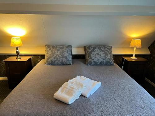 1 cama con 2 toallas blancas y 2 lámparas en B&B 't Landschap, en Boelenslaan