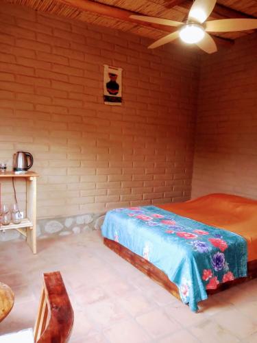 1 dormitorio con 1 cama y ventilador de techo en Amancay Aspha en San Carlos