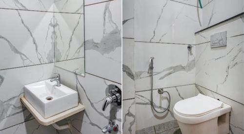 Duas fotografias de uma casa de banho com WC e lavatório. em Hotel Coral em Indore