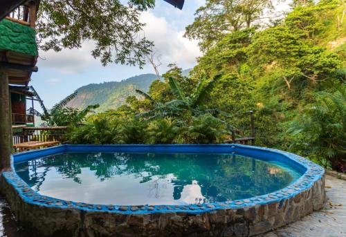 a swimming pool with a mountain in the background at Hostal El Santuario in Minca