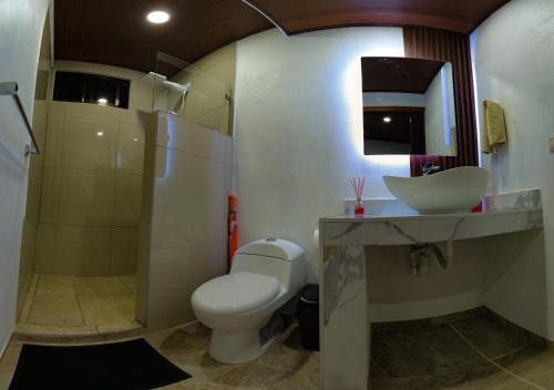 a bathroom with a toilet and a sink and a shower at Tortuguero7 lake view in Tortuguero