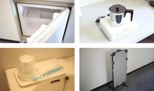 a collage of four pictures of a bathroom with a blender at Isesaki Station Hotel in Isesaki