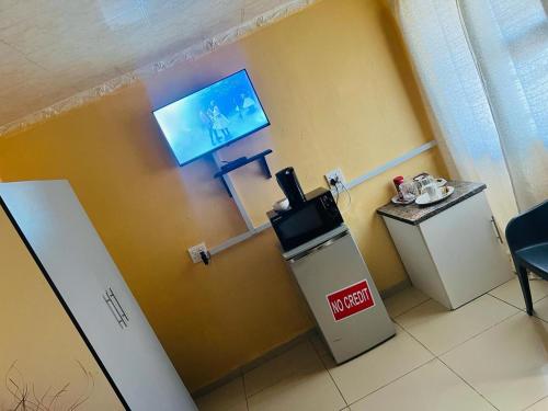 a hotel room with a popcorn machine and a tv at Eliza Guest House in Empangeni