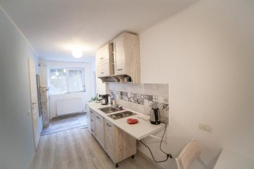 a kitchen with white cabinets and a counter top at Cozy Studio Apartment in Arad City Center in Arad