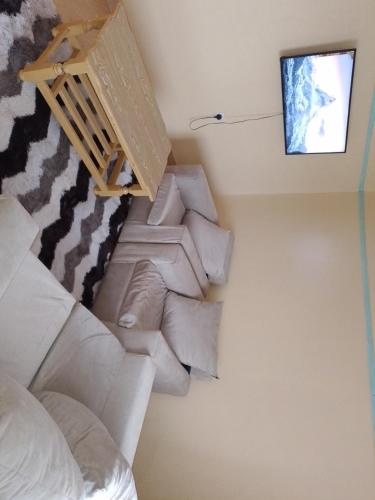 a living room with a couch and a tv at Eagles Haven Apartments Githunguri in Kamondo