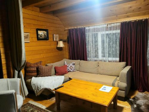 ein Wohnzimmer mit einem Sofa und einem Tisch in der Unterkunft Family Mountain Cottage in Cîrţişoara