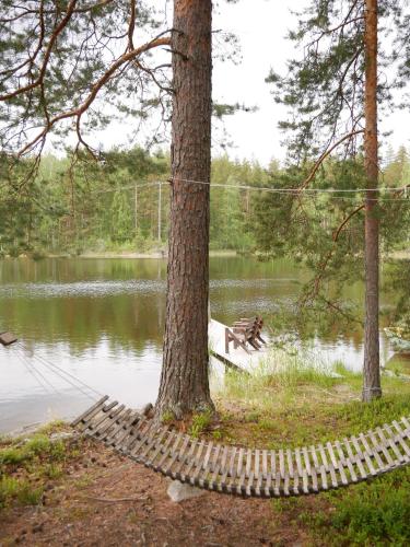 a rope bridge around a tree next to a lake at Mökki Aapola in Puumala