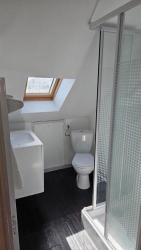 une salle de bain avec toilettes, lavabo et fenêtre dans l'établissement ARAGO4 - Studio Le Perchoir, à Tours