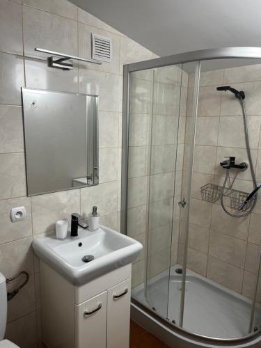 a bathroom with a sink and a shower at Prywatny domek Janusz in Jezierzany
