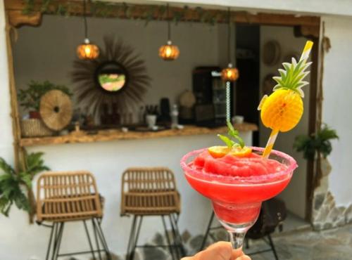 a person holding a red drink with a piece of fruit at Dionisos Hotel in Nei Poroi