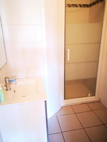 La salle de bains est pourvue d'un lavabo et d'une porte de douche en verre. dans l'établissement Résidence Palmyra - Appartement 2 pièces 4 couchages LE BARCARES MAE-5764, au Barcarès