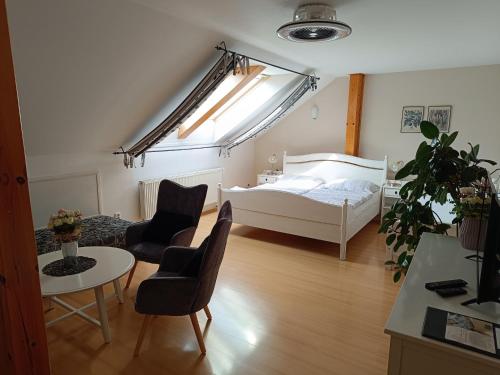 利托米什爾的住宿－波扎西利托米甚爾旅館，卧室配有一张床和一张桌子及椅子