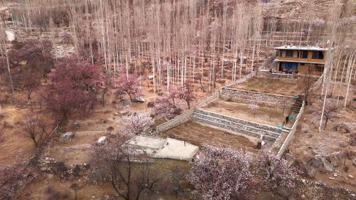 an aerial view of a temple in a forest of trees at Hostel Nomads Hunza in Alīābād