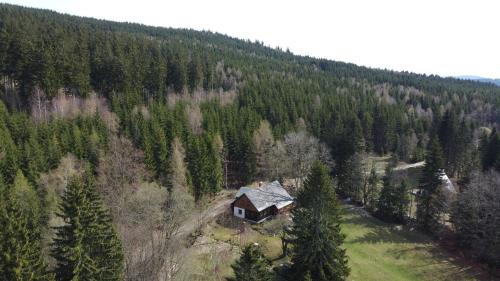 uma vista aérea de uma casa no meio de uma floresta em Chata Šeřín em Vítkovice